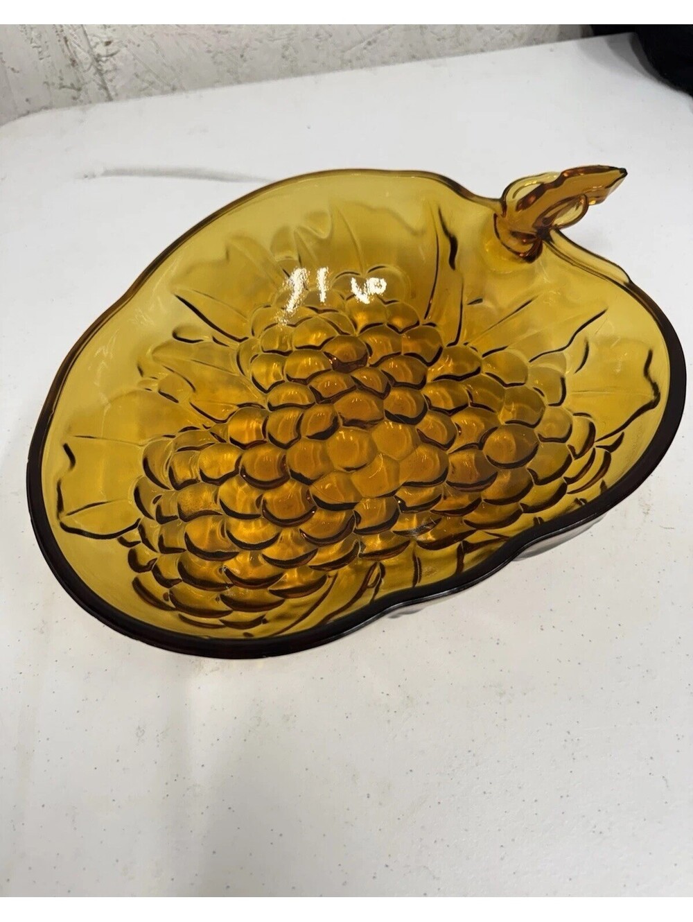 Vintage Unmarked Amber Glass Grape Pattern Oval Decorative Bowl 11 in x 3 in